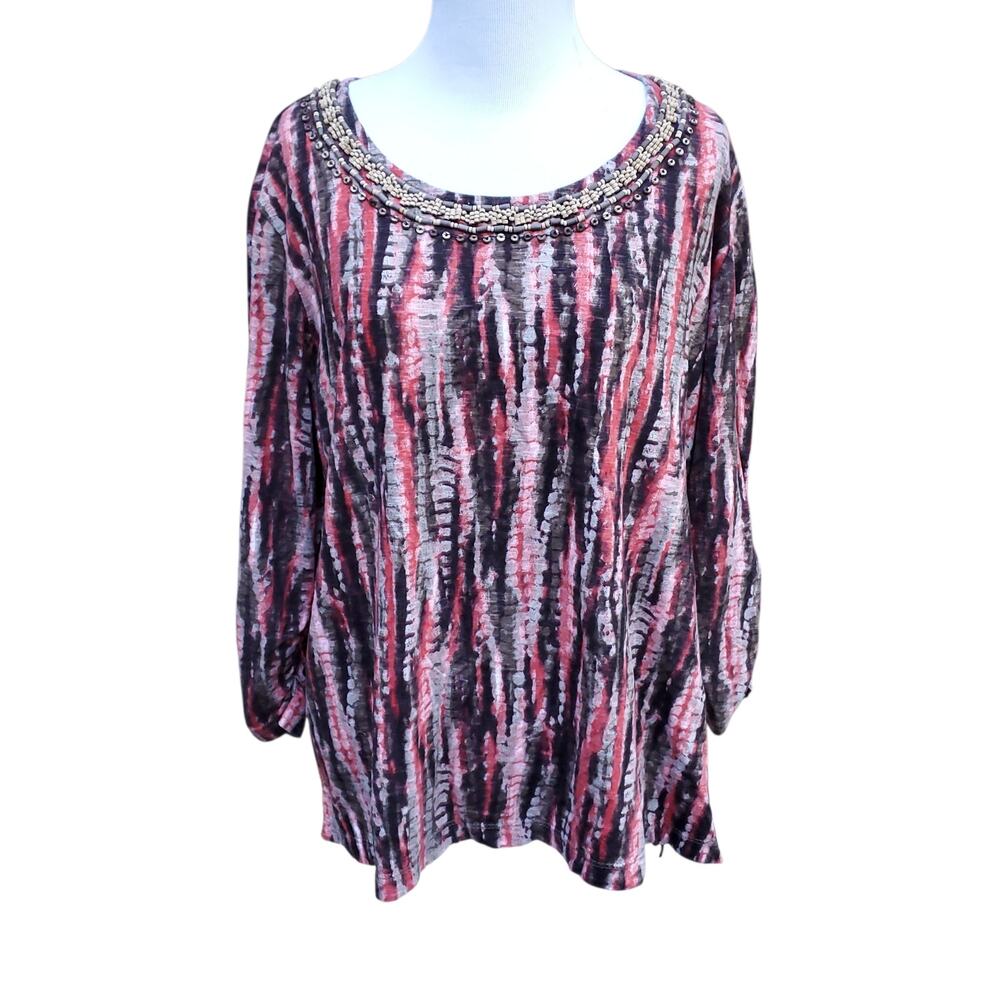 Chico's Sz 3 Beaded Neck Top Abstract Print Brown Orange 3/4 Sleeve Chicos XL 16